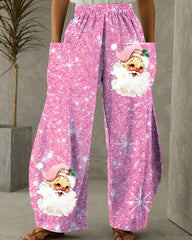 Pink Christmas Santa Print Loose Pants