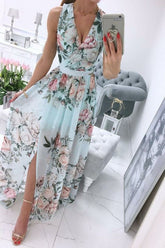 Chiffon Floral Print Ruffle Hem Overlap Dress
