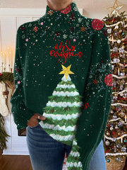 Glitter Christmas Tree Print Knit Turtleneck Pullover Sweater