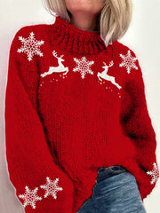 Christmas Snowflake Reindeer Print Knitted Turtleneck Pullover