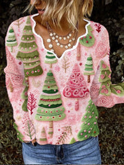 Women's Pink Christmas Tree French Cashmere V-Neck Top