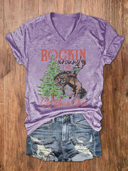 Rockin Around The Christmas Tree Print V-Neck T-Shirt