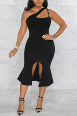 Split Front One Shoulder Midi Mermaid Dress