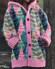 Christmas Colorful Christmas Tree Embroidery Print Casual Hooded Cardigan