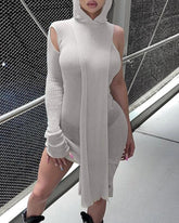 Solid Rib-Knit Cut Out Asymmetrical Hem Hooded Mini Dress