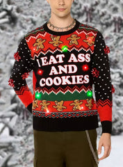 Christmas Light-Up I Eat Ass and Cookies Print Knit Sweater