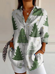 Lovely Christmas Tree Art Print Casual Cotton Shirt