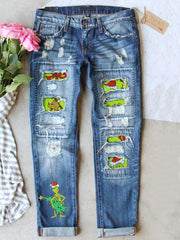 Christmas Grinch Printed Straight Jeans