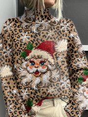 Christmas Santa Leopard Print Knitted Turtleneck Pullover