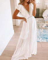 Layered Ruffles Lace Patch Plunge Maxi Dress