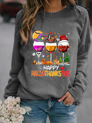 Happy Hallothanksmas Wine Print Sweatshirt