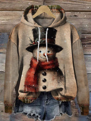 Vintage Christmas Snowman Print Casual Hoodie Sweatshirt