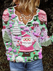 Christmas Pink Santa Claus French Cashmere V-Neck Top