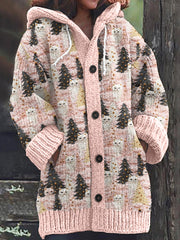 Christmas Tree Cat Print Long Sleeve Knitted Hooded Cardigan