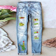 Christmas Grinch Printed Straight Jeans