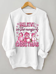 Believe In The Magic Of Christmas pink snowman print sweatshirt