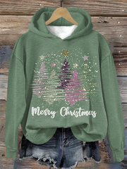 Merry Christmas Sparkle Tree Print Hooded Sweatshirt