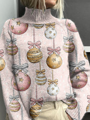 Christmas Bow Balls Print Knit Turtleneck Pullover Sweater