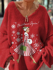 "Christmas Again!" Retro Christmas Graphic Printed Casual Pullover Sweater