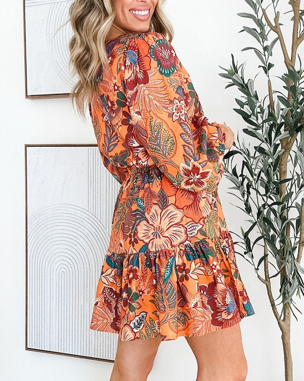 Floral Bubble Sleeve Belted Dress
