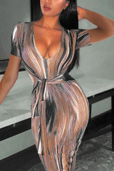 Brush Print Tie Front Bodycon Dress