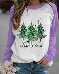 Merry And Bright Christmas Tree Print Casual Sweatshirt