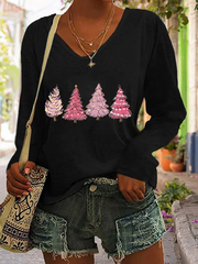 🔥Pink Christmas Tree Print V-Neck Long Sleeve T-Shirt