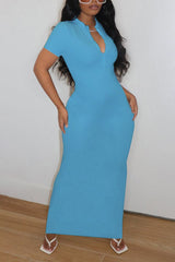Solid Half Zip Bodycon Maxi Dress