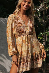 Flowy Bohemian Print Button Front V Neck Midi Dress