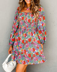 Floral Smocked Bust Square Neck Ruffled Dress
