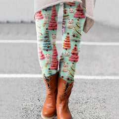 Christmas Tree Cat Print Casual Leggings