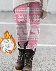 Christmas Pink Elk Snowflake Warm Fleece Leggings