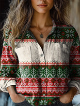 Christmas Knit Stitch Pattern Printed Casual Long Sleeve Comfortable Cotton Shirt