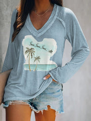 V-neck Retro Florida Merry Christmas Beach Palm Tree Print T-Shirt