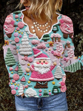 Christmas Pink Santa Claus French Cashmere V-Neck Top