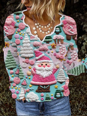 Christmas Pink Santa Claus French Cashmere V-Neck Top