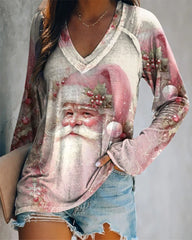 Retro Pink Santa Claus Print V-neck Top