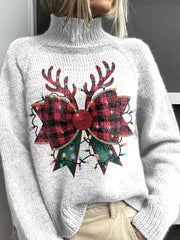 Christmas Red Green Bow Print Knit Turtleneck Pullover Sweater
