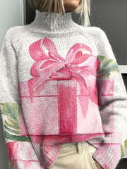 Green Christmas Gift Box Pattern Art Print Knit Turtleneck Pullover Sweater