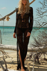 Black Lace Up Crochet Sheer Slit Long Beach Cover Up Dress