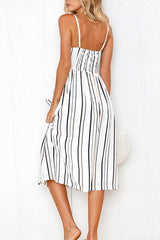 Casual V-neck Striped Button White Dress
