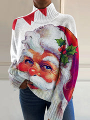 Vintage Christmas Santa Art Print Knit Turtleneck Pullover Sweater