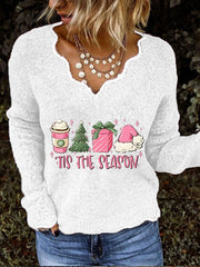 Women's Pink "TIS THE SEASON" Print Lace V-Neck Knit Print Top