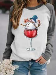 Snowman Wine Glass Print Christmas Sweatshirt