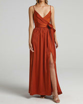 Satin Split Thigh Belted Wrap Cami Dress