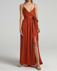 Satin Split Thigh Belted Wrap Cami Dress