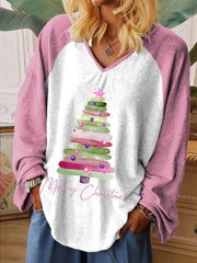 Women's Merry Christmas Tree Printed Raglan Sleeve V-neck Long-sleeved Top