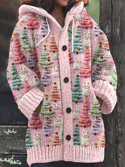 Christmas Tree Cat Print Knitted Hooded Cardigan