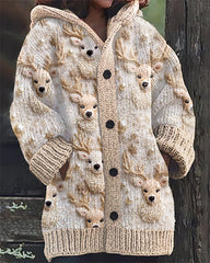 Christmas Elk Embroidery Print Casual Hooded Cardigan