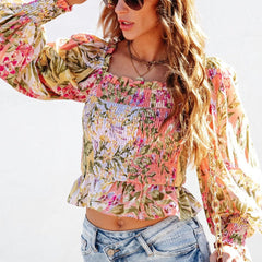 Floral Smocked Long Bubble Sleeve Top